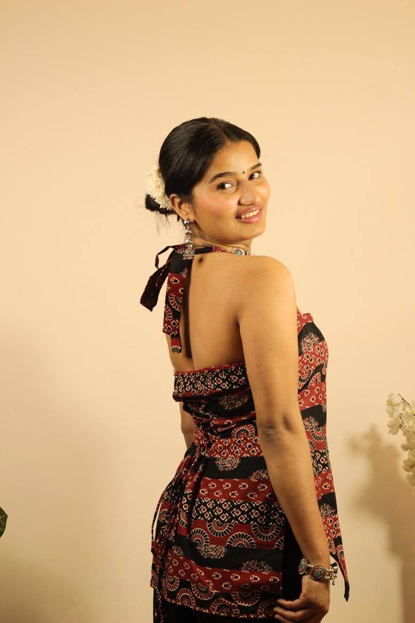 Rumi Kurti- Halter Neck Ajrakh Kurti