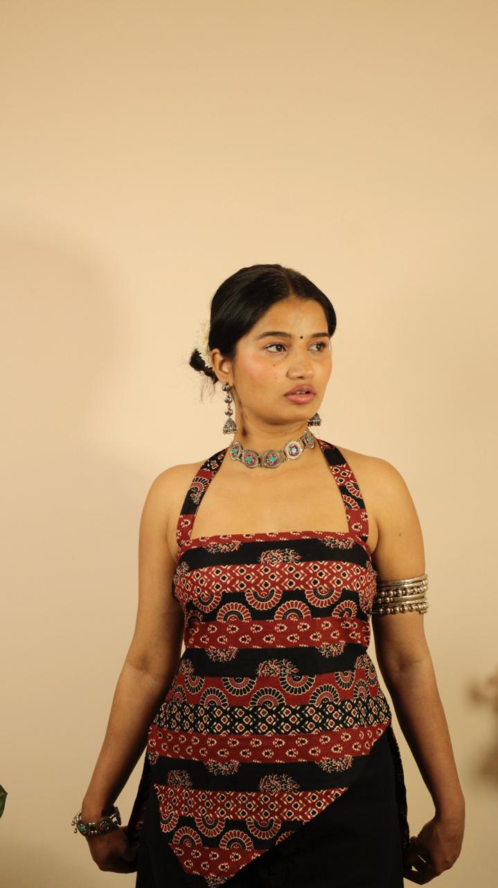 Rumi Kurti- Halter Neck Ajrakh Kurti